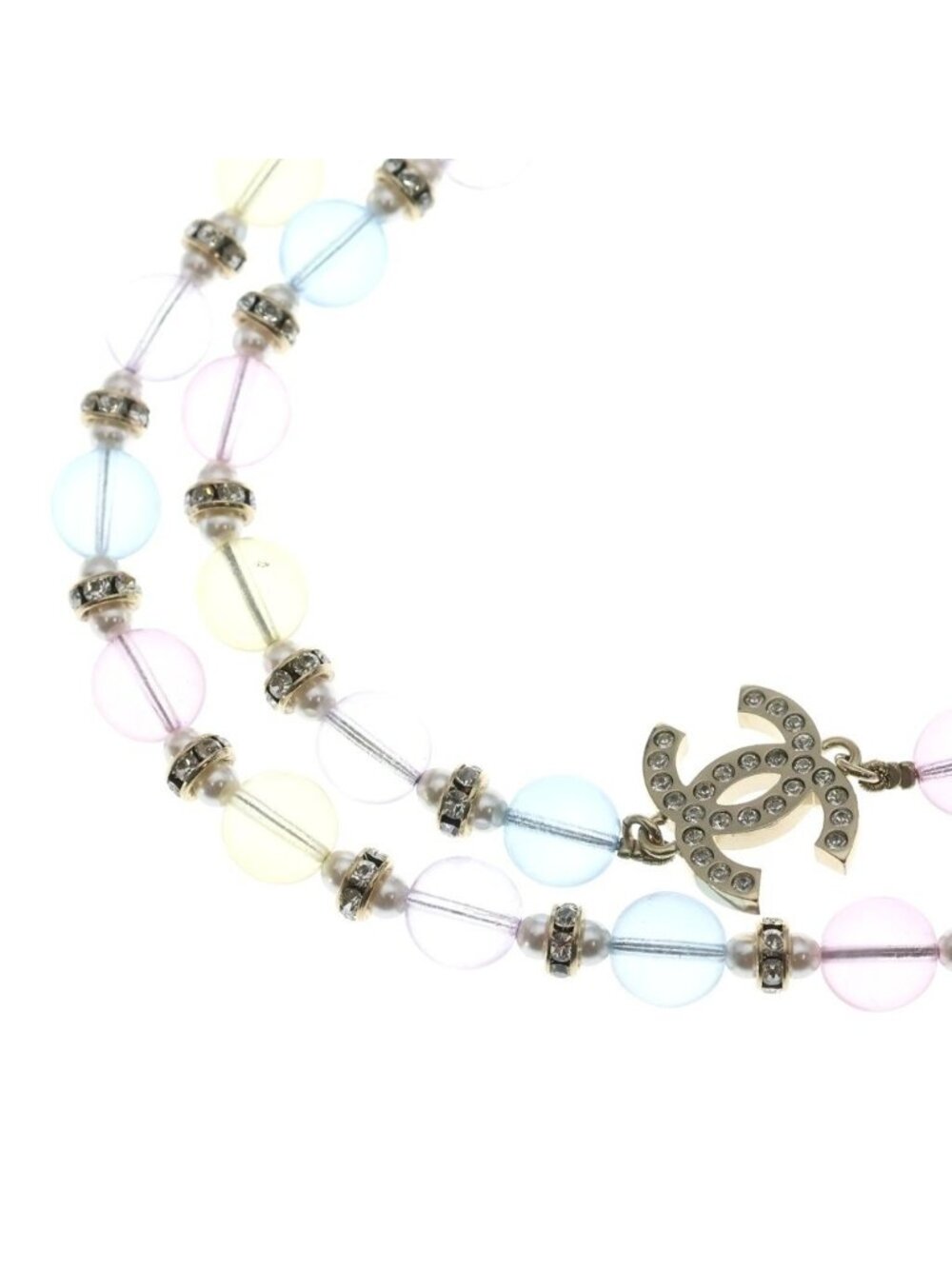 Chanel CC Logo Strass Pearl Rhinestone Necklace Multicolor Gold Bean